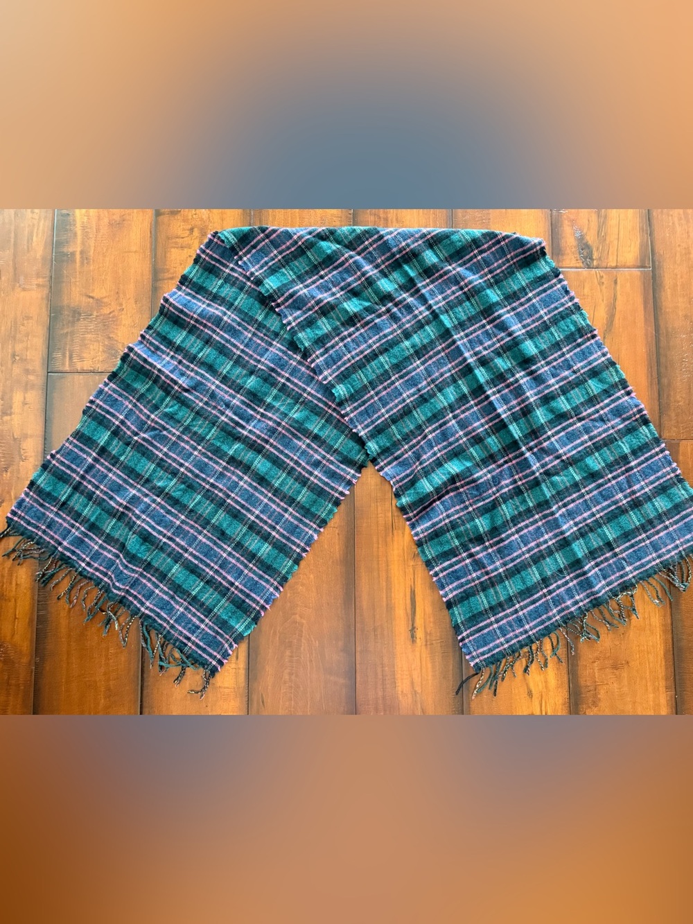 Plaid Wool Fringe Wrap Scarf in Green, a pink and Black